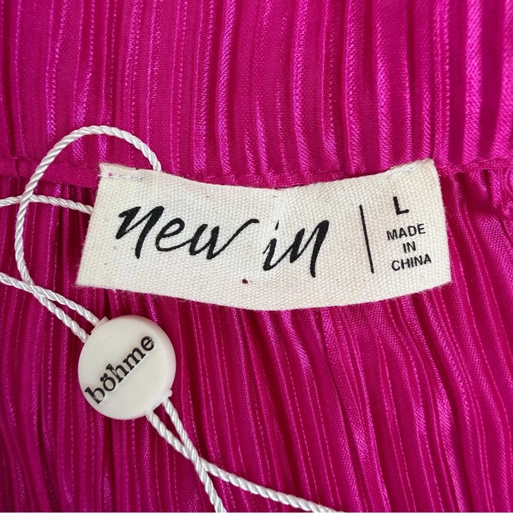 NWT Bohme New In Clara Hot Pink Satin Ribbed Pleated Wide Leg Matching Set